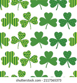 Seamless pattern St Patricks Day Clover leopard and checkered. Shamrock ornament vector illustration