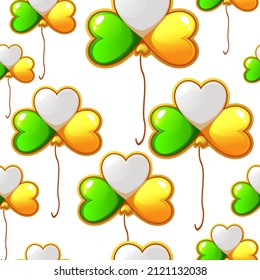 Seamless pattern of St. Patrick's Day clover shape balloons. Vector illustration Irish flag balloons textural background.