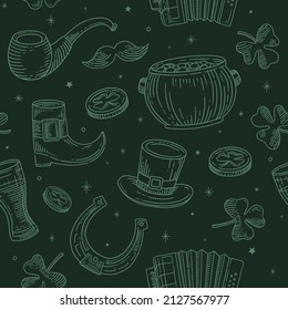 Seamless pattern for St. Patrick's Day. Set of traditional elements: Leprechaun mustache and hat, pot of gold, smoking pipe, horseshoe, clover, pint beer, pot in engraving style. Vector illustration.