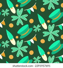Seamless pattern for St. Patrick's Day with clover, coins, the flag of Ireland and leprechauns.