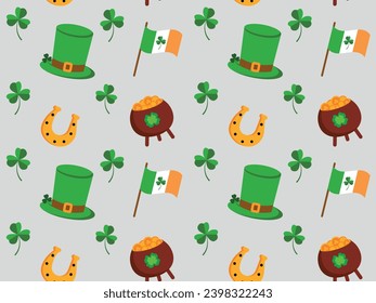 Seamless pattern for St. Patrick's Day, with coins, clover and hat on a gray background. Vector illustration for wrapping paper, textile, wallpaper, t-shirts.