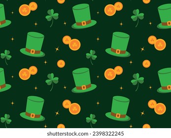 Seamless pattern for St. Patrick's Day on green background, Irish background, green clover and shamrock, spring Celtic festival. Holiday vector illustration, for textile, wrapping paper, background.