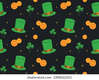 Seamless pattern for St. Patrick's Day on black background, Irish background, green clover and shamrock, spring Celtic festival. Holiday vector illustration, for textile, wrapping paper, background.