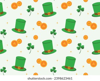 Seamless pattern for St. Patrick's Day on white background, Irish background, green clover and shamrock, spring Celtic festival. Holiday vector illustration for textile, wrapping paper, background.