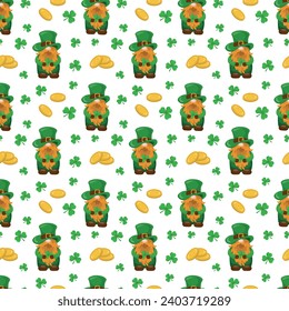 Seamless pattern for St. Patrick's Day with with coins, leprechauns and shamrock on white background. Irish background.Spring Celtic festival.Vector color illustration 