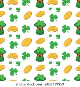 Seamless pattern for St. Patrick's Day with hats,coins and shamrocks on  white background. Irish background.Spring Celtic festival.Vector color illustration 