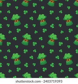 Seamless pattern for St. Patrick's Day with hats and shamrocks on  dark gray background. Irish background.Spring Celtic festival.Vector color illustration 