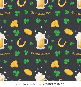 Seamless pattern for St. Patrick's Day with coins, beer, shamrock and horseshoe on dark background. Irish background.Spring Celtic festival.Vector color illustration 