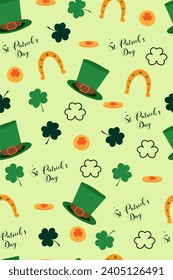 Seamless pattern for St. Patrick's Day. Hat, horseshoe, shamrock, coins. Light green background. Suitable for fabric, wrapping paper, wallpaper. Luck is everywhere