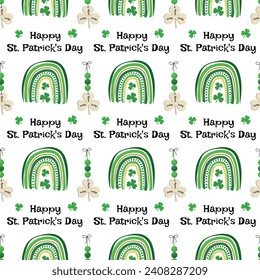 Seamless pattern with St. Patrick's Day elements, with rainbows and a lucky charm on a white background. Vector illustration