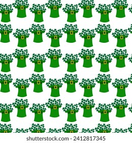 Seamless pattern of St. Patricks Day Leprechaun Hat and Shamrocks Bouquet. Backdrop design concept