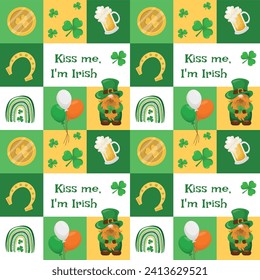 Seamless pattern for St. Patrick's Day with horseshoes, clover leaves, leprechaun, glasses of beer, coins, rainbows. Vector illustration