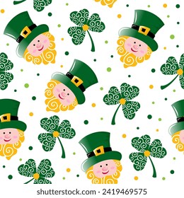 Seamless Pattern of St. Patrick's Day with Leprechaun and Shamrock- St Patruck's Day Vector Illustration