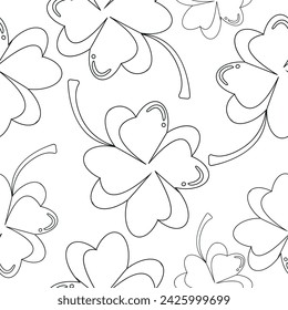 seamless pattern for St. Patrick's Day, namely lucky four-leaf clover drawn in black outline, template for design, poster or card