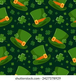 Seamless pattern of St. Patricks Day symbols. Leprechauns, top hat, Cartoon characters. Four-leaf clover. Good luck. Magic, religious traditions. For wallpaper, fabric, wrapping, background