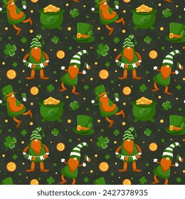 Seamless pattern of St. Patricks Day symbols. leprechauns. Cartoon characters in top hat, with garland, Irish flag. Golden cauldron, vintage. Four-leaf clover. Good luck. Magic, religious traditions