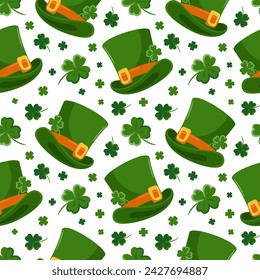 Seamless pattern of St. Patricks Day symbols. Leprechauns, top hat, Cartoon characters. Four-leaf clover. Good luck. Magic, religious traditions. For wallpaper, fabric, wrapping, background