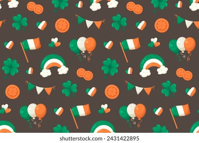 Seamless pattern for St. Patrick's Day on brown background. Vector design elements. Irish flag, heart, rainbow, balloons, clover and coins