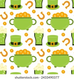 Seamless pattern for St. Patrick's Day. template for textiles, interior design, book decoration, website background, invitation, greeting card, pub menu. Vector illustration