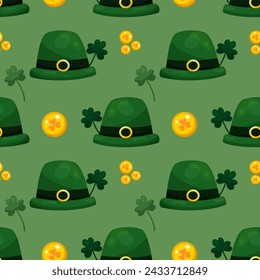 Seamless pattern for St. Patrick's Day with green hats, gold coins and clover twigs on green background. Festive pattern for packaging design, background and decor