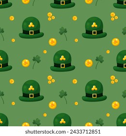 Seamless pattern for St. Patrick's Day with green hats, gold coins and clover twigs on green background. Festive pattern for packaging design, background and decor