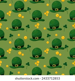 Seamless pattern for St. Patrick's Day with green hats, gold coins and clover twigs on green background. Festive pattern for packaging design, background and decor