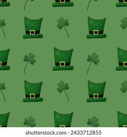 Seamless pattern for St. Patrick's Day with green hats and clover twigs on green background. Festive pattern for packaging design, background and decor