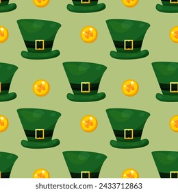Seamless pattern for St. Patrick's Day with green hats and gold coins on green background. Festive pattern for packaging design, background and decor
