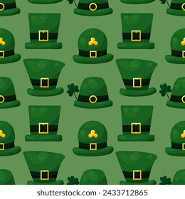 Seamless pattern for St. Patrick's Day with green hats and clover twigs on green background. Festive pattern for packaging design, background and decor