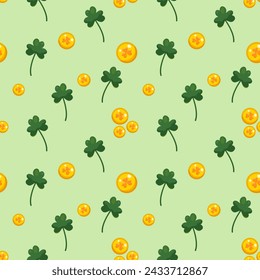 Nahtloses Muster für den St. Patrick's Day mit grünen Kleezweigen und Goldmünzen auf grünem Hintergrund. Festliches Muster für Verpackungsdesign, Hintergrund und Dekor