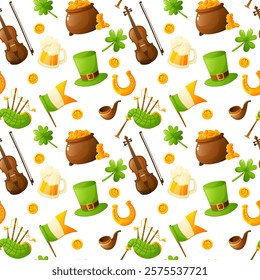 Seamless pattern for St. Patrick's Day, repeating background on white with shamrock, violin, top hat, horseshoe, gold coin, kettle with coins, tobacco pipe, bagpipes. Holiday attributes.