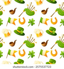 Seamless pattern for St. Patrick's Day, repeating background on white with shamrock, top hat, horseshoe, beer glass, Irish flag, tobacco pipe, bagpipes. Attributes and symbols of the holiday.