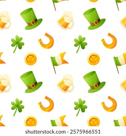 Seamless pattern for St. Patrick's Day, repeating background on white with the image of shamrock, clover, top hat, horseshoe, gold coin, beer glass, Irish flag. Attributes and symbols of the holiday.