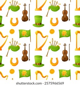 Seamless pattern for St. Patrick's Day, repeating background on white with the image of shamrock, violin, hat top hat, horseshoe, gold coin, harp, bagpipes. Attributes and symbols of the holiday.