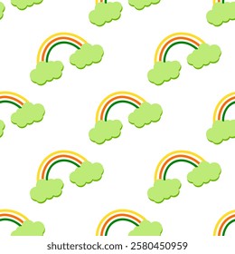 Seamless pattern for St. Patrick's Day with Rainbows. Cute Rainbows with clouds. Flag of Ireland. Festive design for textiles, surfaces, covers, wallpapers, wrapping paper. Spring Irish background