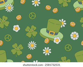 Seamless pattern for St. Patrick's Day day sale background, green clover vector background. Irish holiday celebration. 90s, 2000s retro style for a St. Patrick's Day sale background. Texture