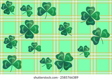 Seamless pattern for St. Patrick's Day from decorative Irish tartan clover leaf patterns. Hand drawn design for St. Paddy's Day celebration, holiday decoration, scrapbooking, textile. Vector