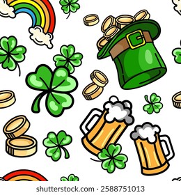 Seamless pattern with St. Patrick's Day symbols, green clovers, leprechaun hat with gold coins, beer mugs, rainbow. Vector holiday decorations, textile, wallpaper, gift wrap, party invitations