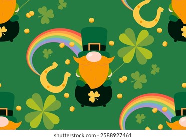 Seamless pattern with St. Patrick's Day gnome. Green clover vector background. Irish holiday celebration. Gnome with shamrock and horseshoe background texture