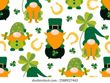 Seamless pattern with St. Patrick's Day gnome. Green clover vector background. Irish holiday celebration. Gnome with shamrock and horseshoe background texture