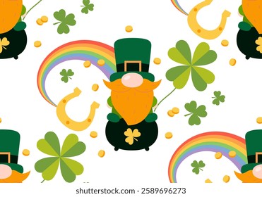 Seamless pattern with St. Patrick's Day gnome. Green clover vector background. Irish holiday celebration. Gnome with shamrock and horseshoe background texture