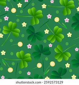 Seamless pattern of St. Patrick's Day. Clover and meadow flowers on a green background. Shamrock. For background, cover, fabric, packaging, wallpaper.