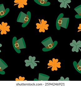 Seamless pattern St. Patrick's Day with green hat, clover, saint on black background.