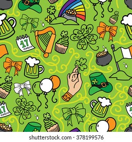 Seamless pattern of St. Patrick`s Day. The pattern of the traditional Irish symbol. Irish pattern on a simple green background.