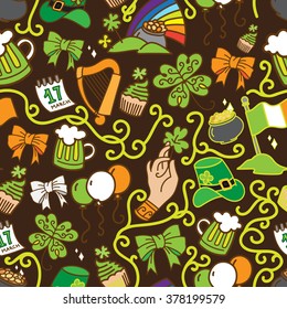 Seamless pattern of St. Patrick`s Day. The pattern of the traditional Irish symbol. Irish pattern in plain brown background.