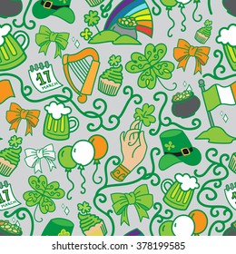 Seamless pattern of St. Patrick`s Day. The pattern of the traditional Irish symbol. Irish pattern on a simple gray background.