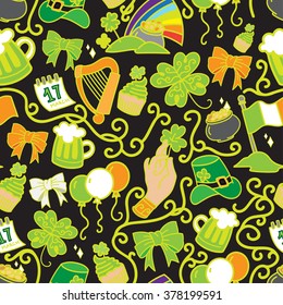 Seamless pattern of St. Patrick`s Day. The pattern of the traditional Irish symbol. Irish pattern on a simple black background.
