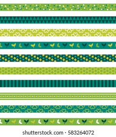 Seamless pattern with St. Patrick's Day ribbons. Clover, leaves and stripes. Perfect for creating collages, decorating wishes, albums, greeting cards, home accessories and more