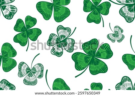 Seamless pattern. St. Patrick's Day. Set of clovers shamrock and four-leaf clover. Hand drawn. Vector
