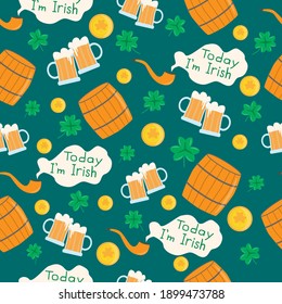 Seamless pattern for St. Patric's Day with clover,beer,barrel,smoking pipe for textiles,interior design,book design,website background, invitation, greeting card, pub menu. Vector cartoon illustration
